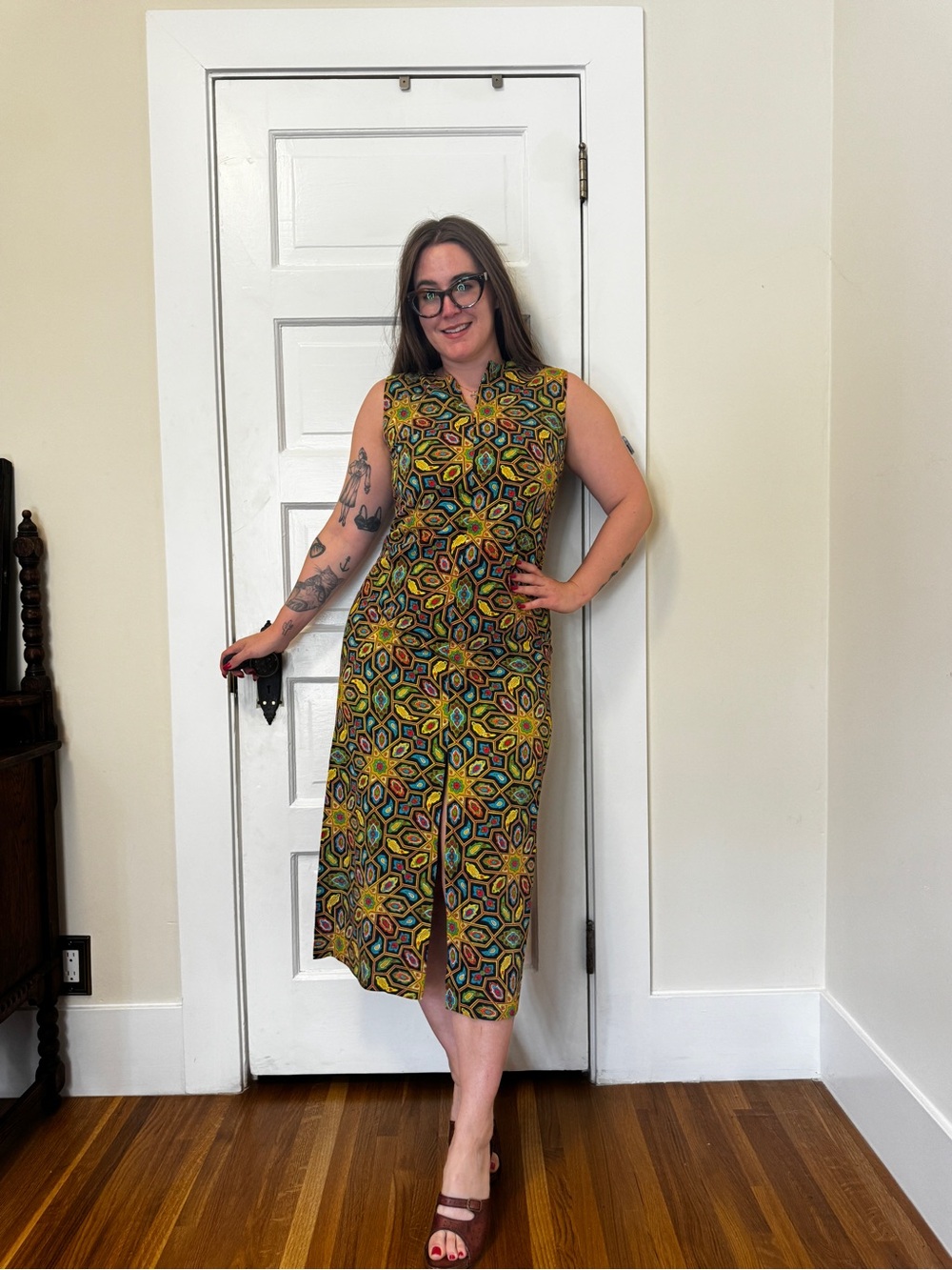 60s Vintage Barkcloth Mod Shift Dress Sz M